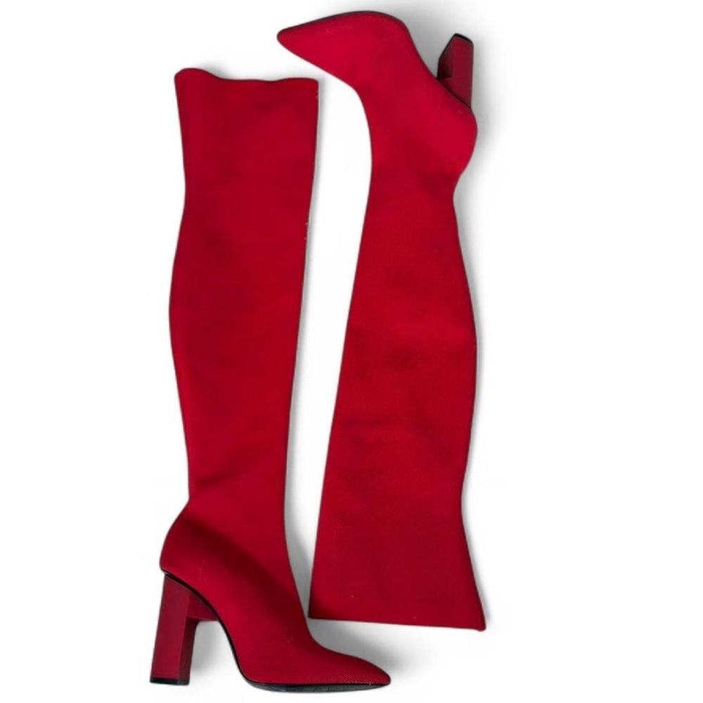 Zara Cherry Red Knit Over-the-Knee Sock Boots with Pointed Toe – Size 6